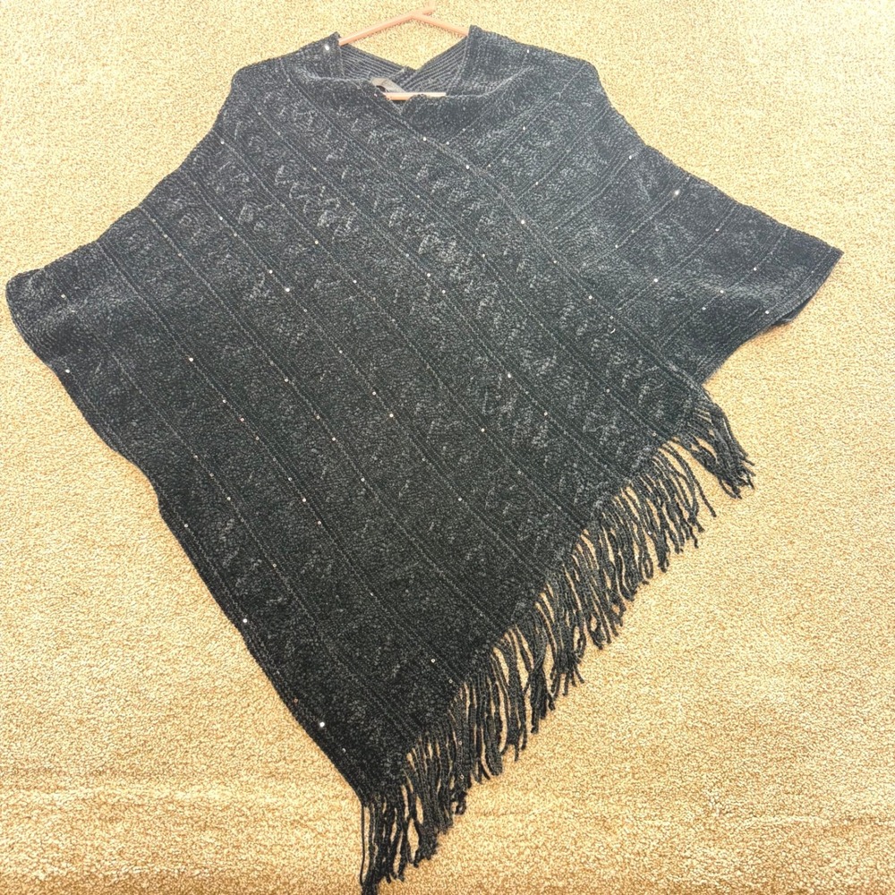 Janice Apparel Womens Black Fringe Knit Poncho Wrap Witchy Goth Whimsigoth